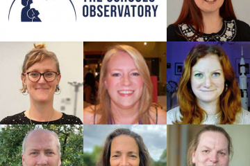 Retrato de 7 mujeres y un 1 hombre que miran a la cámara junto al logo de The Schools' Observatory